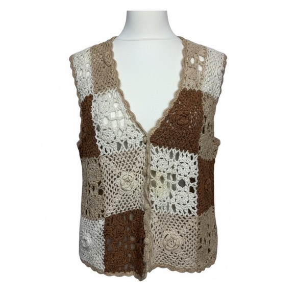 Vintage No Boundaries Crochet Knit Top in Tan White Brown - Picture 2 of 8